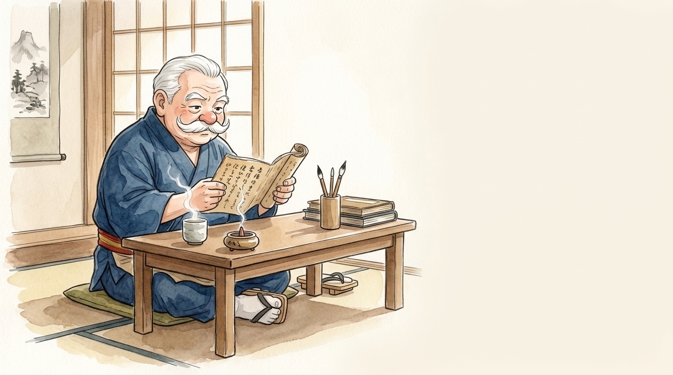 文机で古い書物を読みながら珈琲を味わう香司の爺さんと、コーン型のお香から立ちのぼる煙のイラスト
