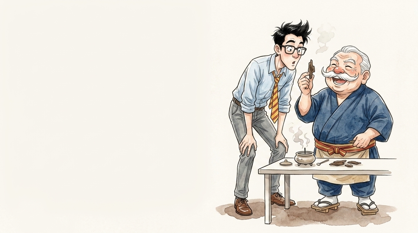 沈香の木片を光にかざす香司と会社員のイラスト