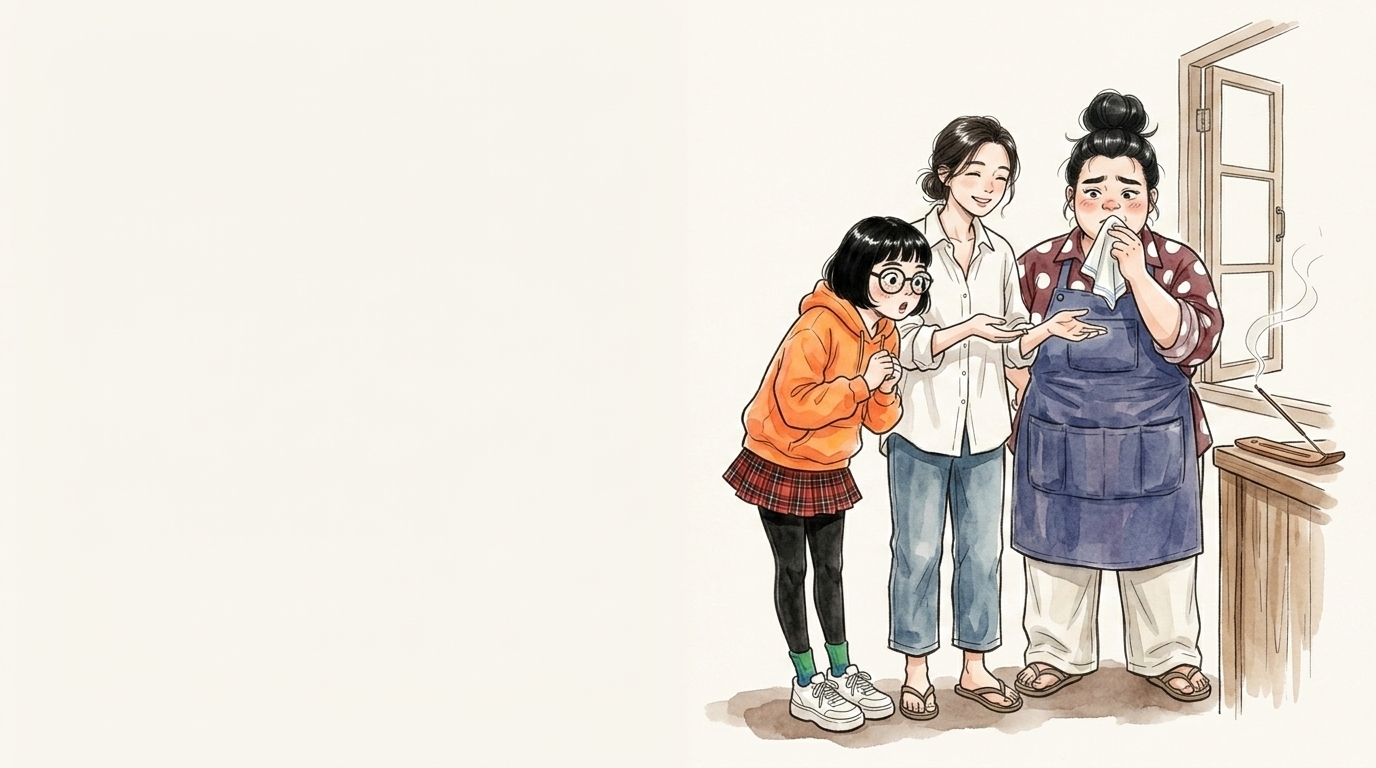 喘息が心配な母親を安心させる女性と、驚いて覗き込む学生のイラスト