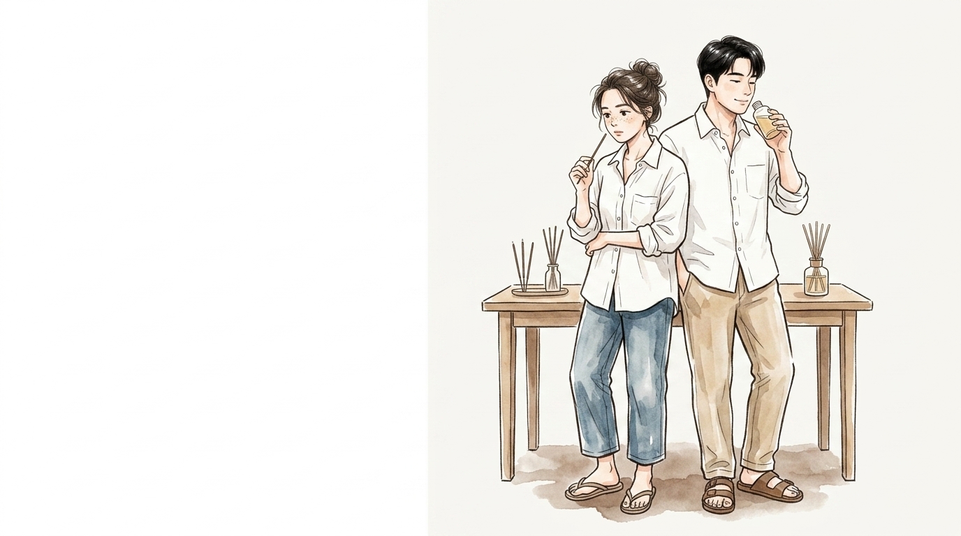 お香とアロマディフューザーを見比べる2人のイラスト