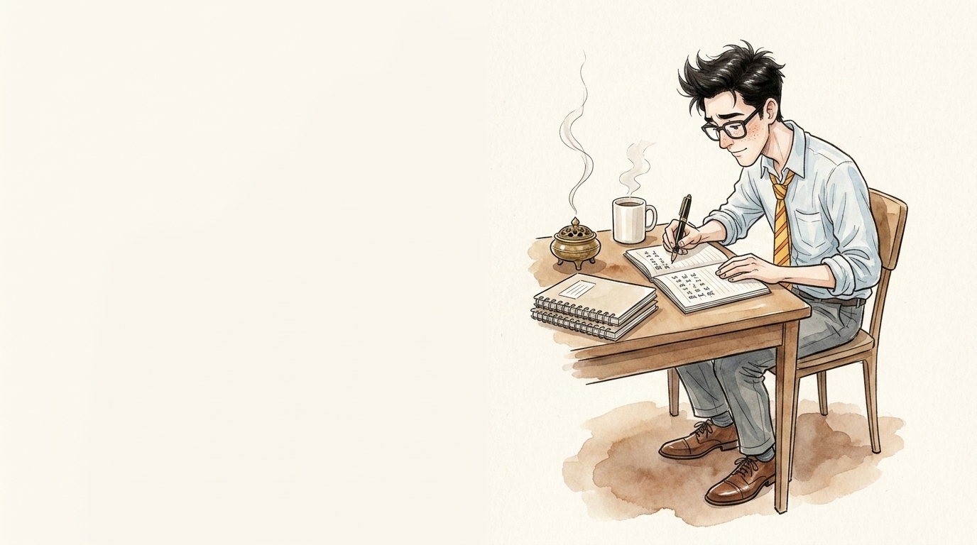 朝の机でノートに文字を書き写す男性と、傍らのお香の煙