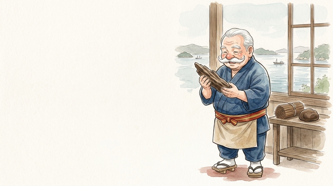 瀬戸内海を望む工房で香木を手に眺める香司の爺さんのイラスト