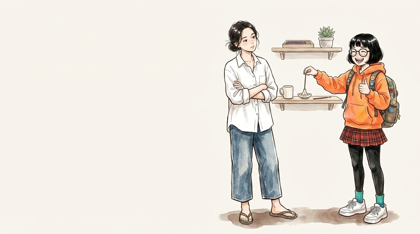 おしゃれなお香立てを棚に飾る2人のイラスト