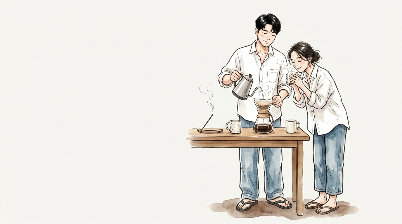 朝の珈琲とお香を並べて楽しむ2人のイラスト