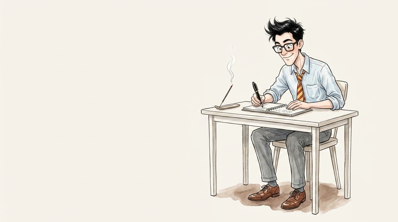 お香を焚いてノートに集中する会社員のイラスト