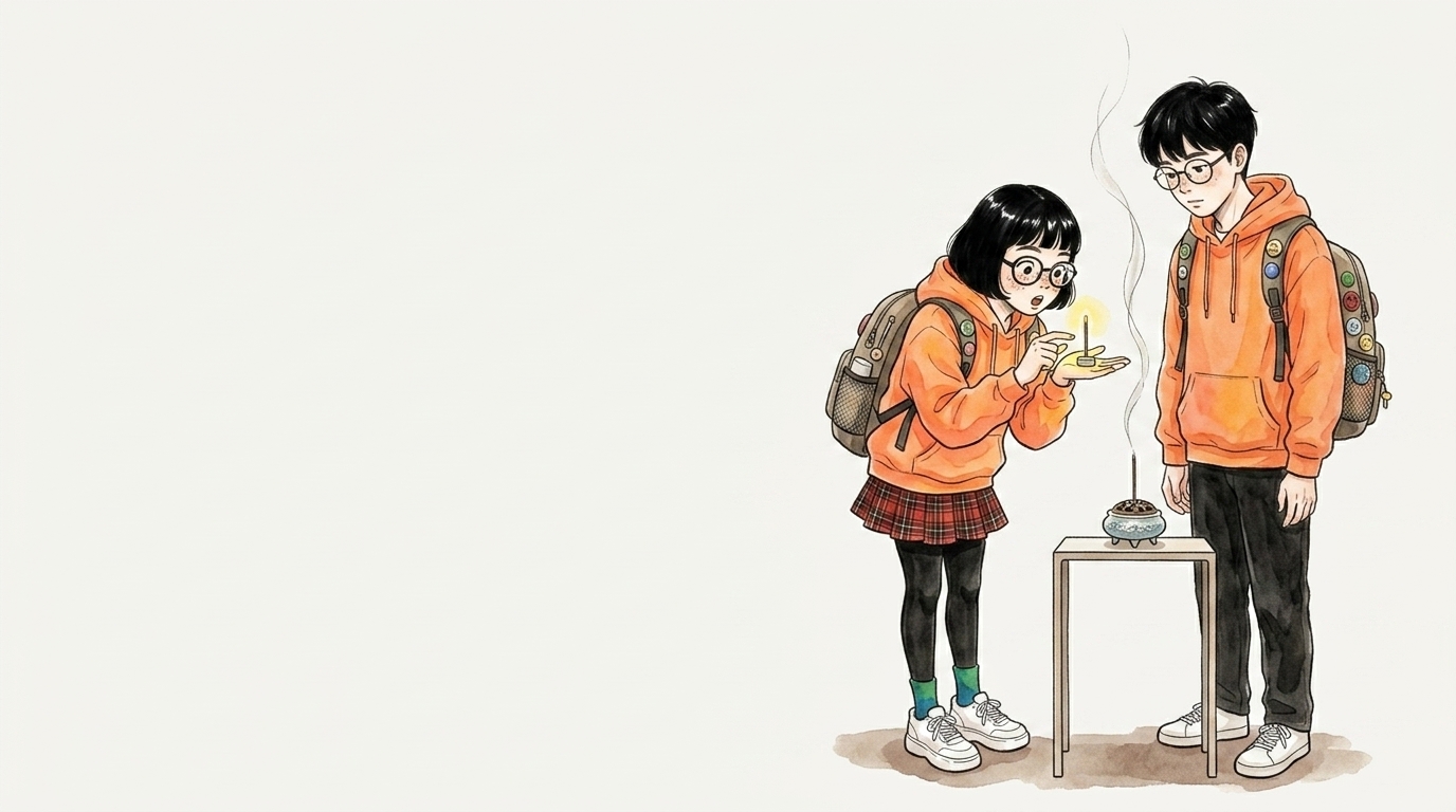 天然のお香の煙を眺める男性と、LED線香を見比べる大学生のイラスト
