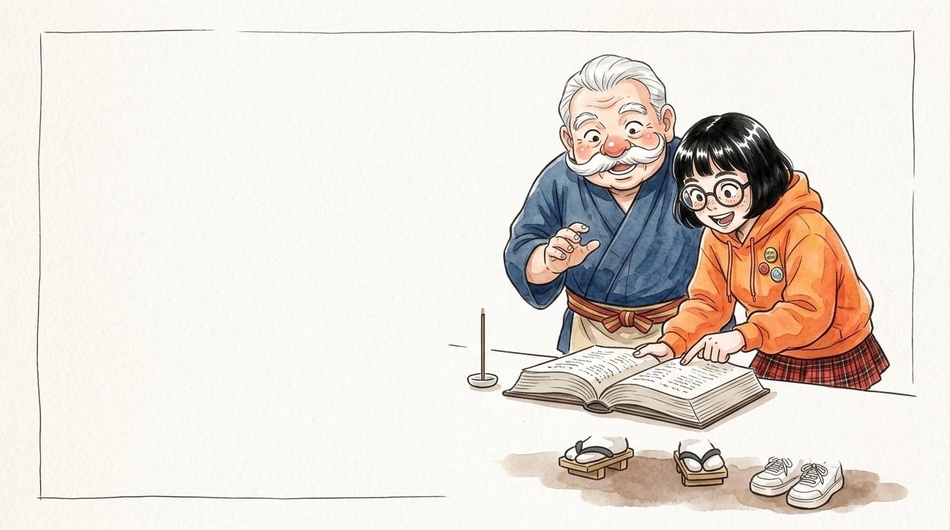 お香の海外での呼び方を調べる大学生と香司のイラスト