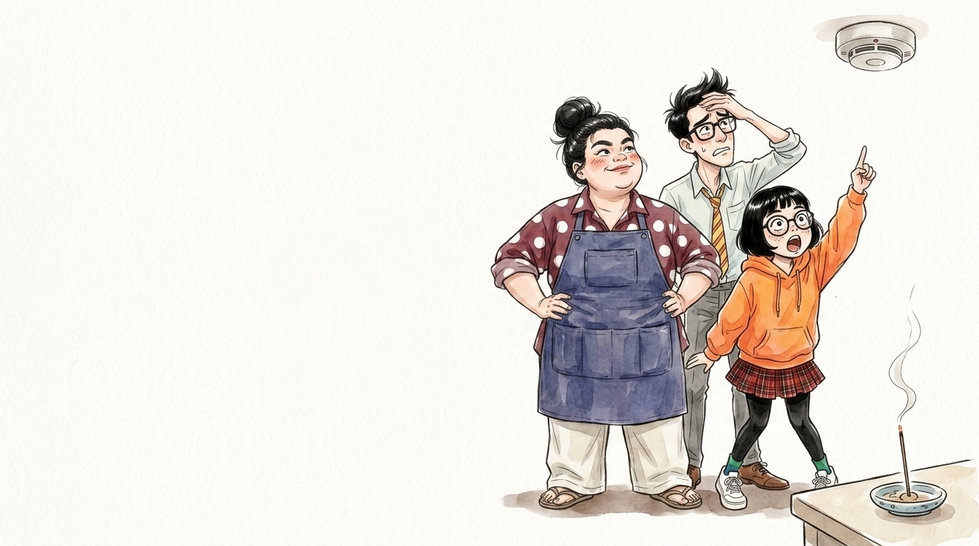 天井の火災報知器を見上げる3人のイラスト
