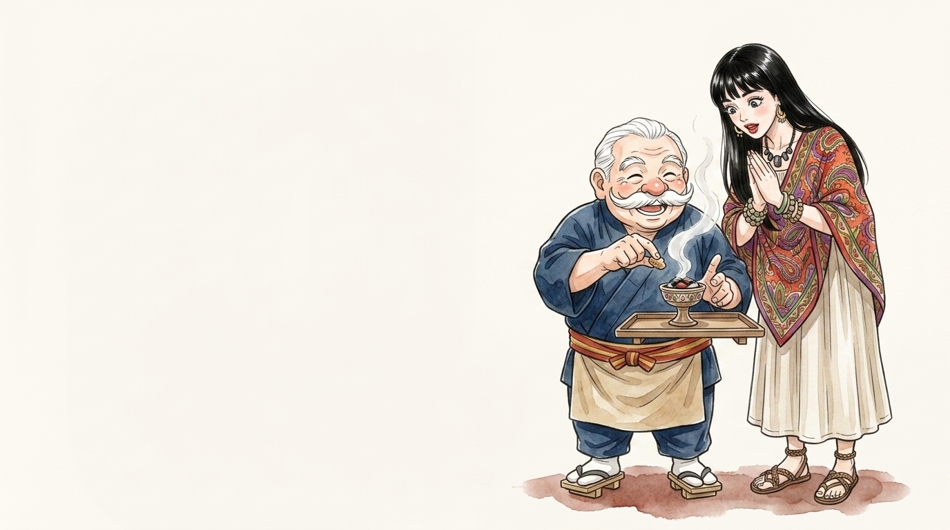 香炉で樹脂のお香を焚く香司と開運好きのイラスト