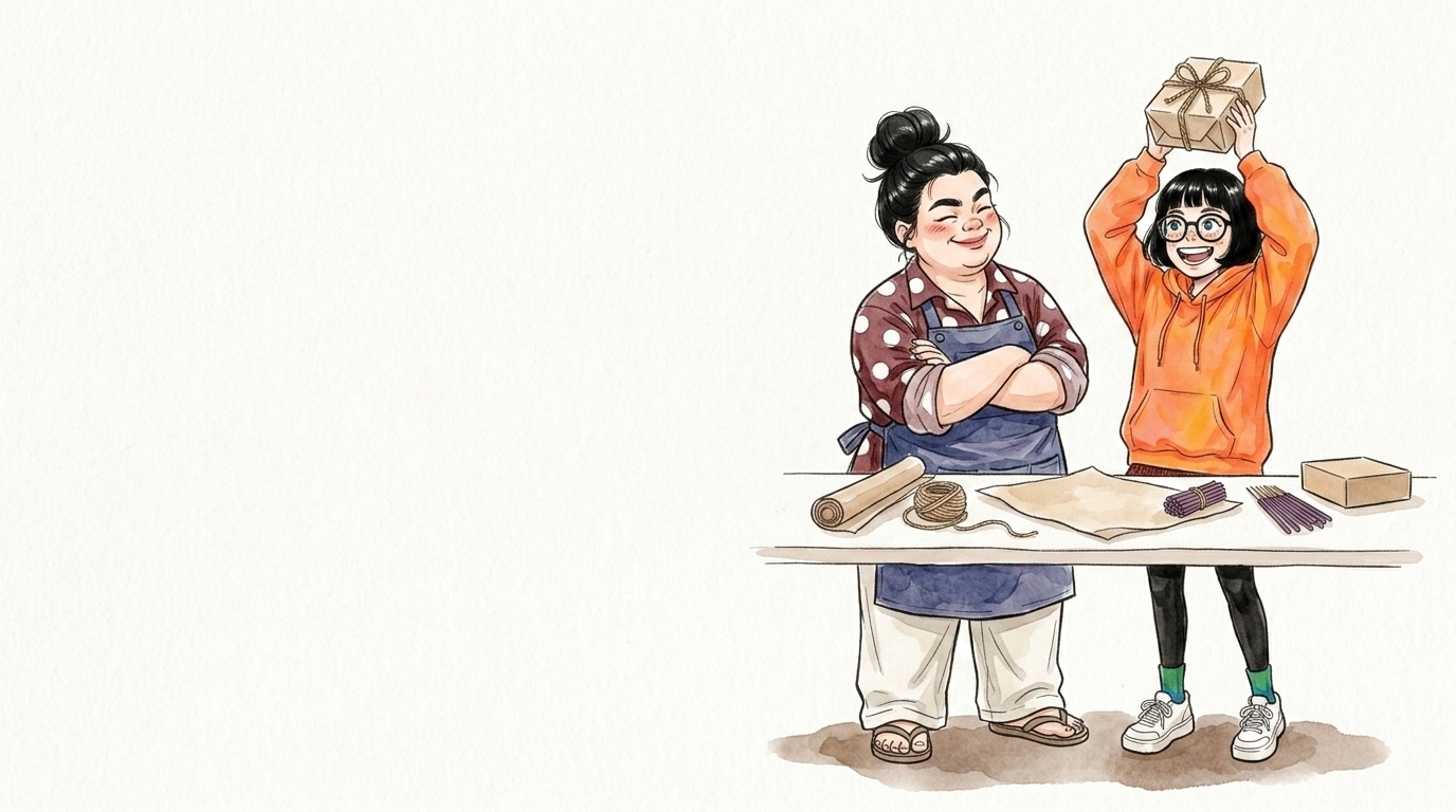 お香を包んで贈り物にする大学生と母親のイラスト