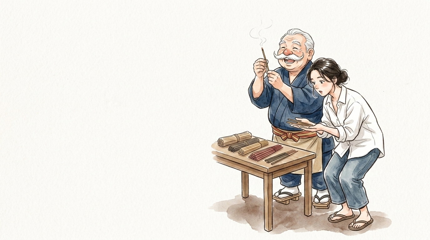 数種類のお香の違いを教わる女性と香司のイラスト