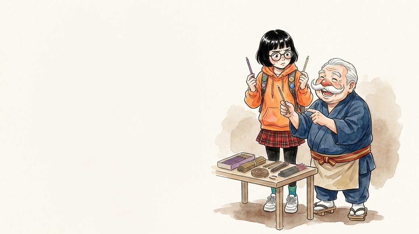 お香と線香の違いを教わる大学生と香司のイラスト