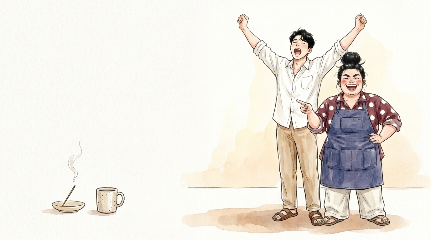 朝の光の中で伸びをする2人のイラスト