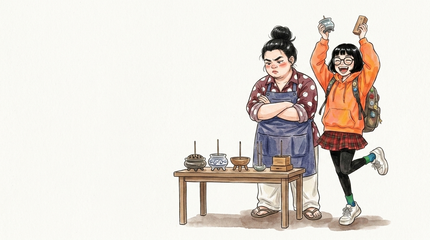 100均のお香立てを見比べる大学生と母親のイラスト