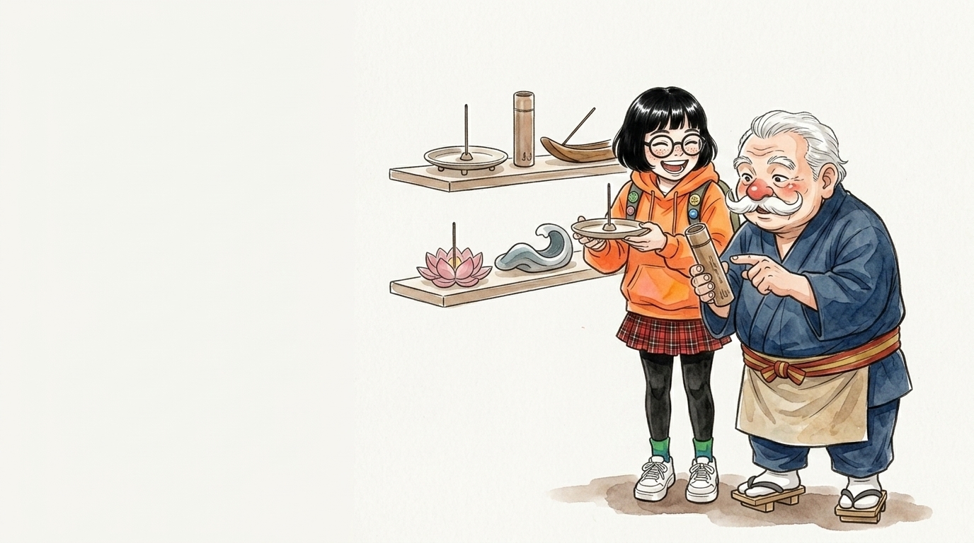 5種類のお香立てを選ぶ大学生と香司のイラスト
