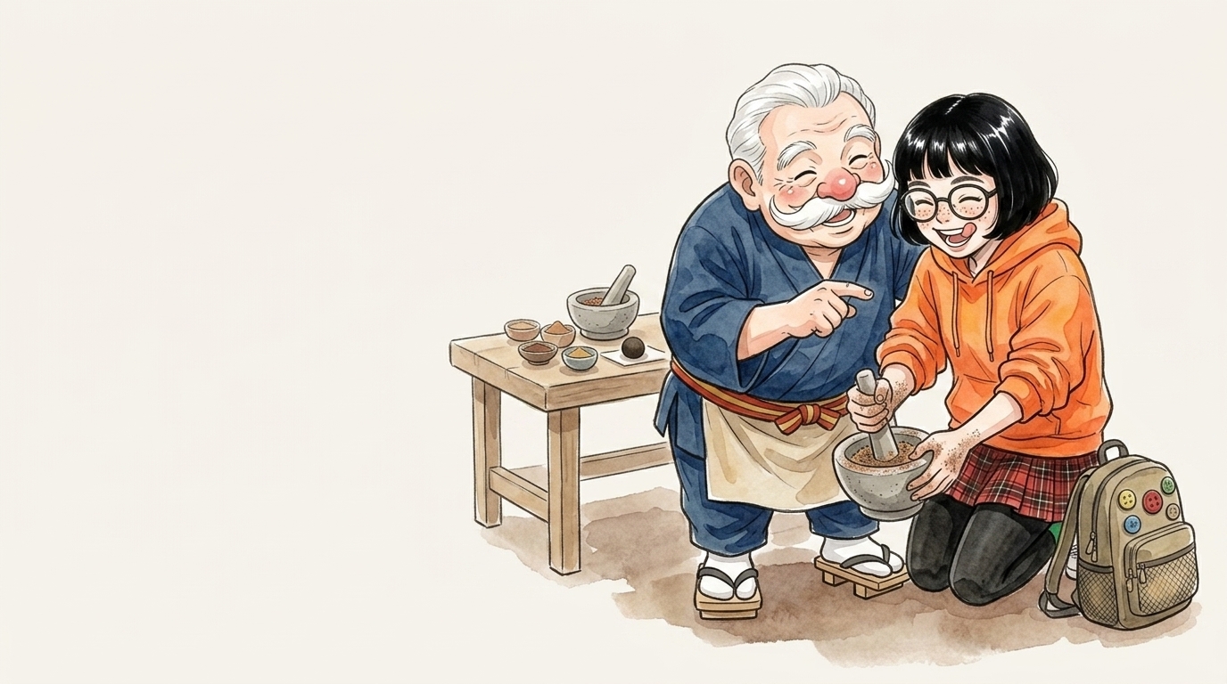 お香作りを教わる大学生と教える香司のイラスト