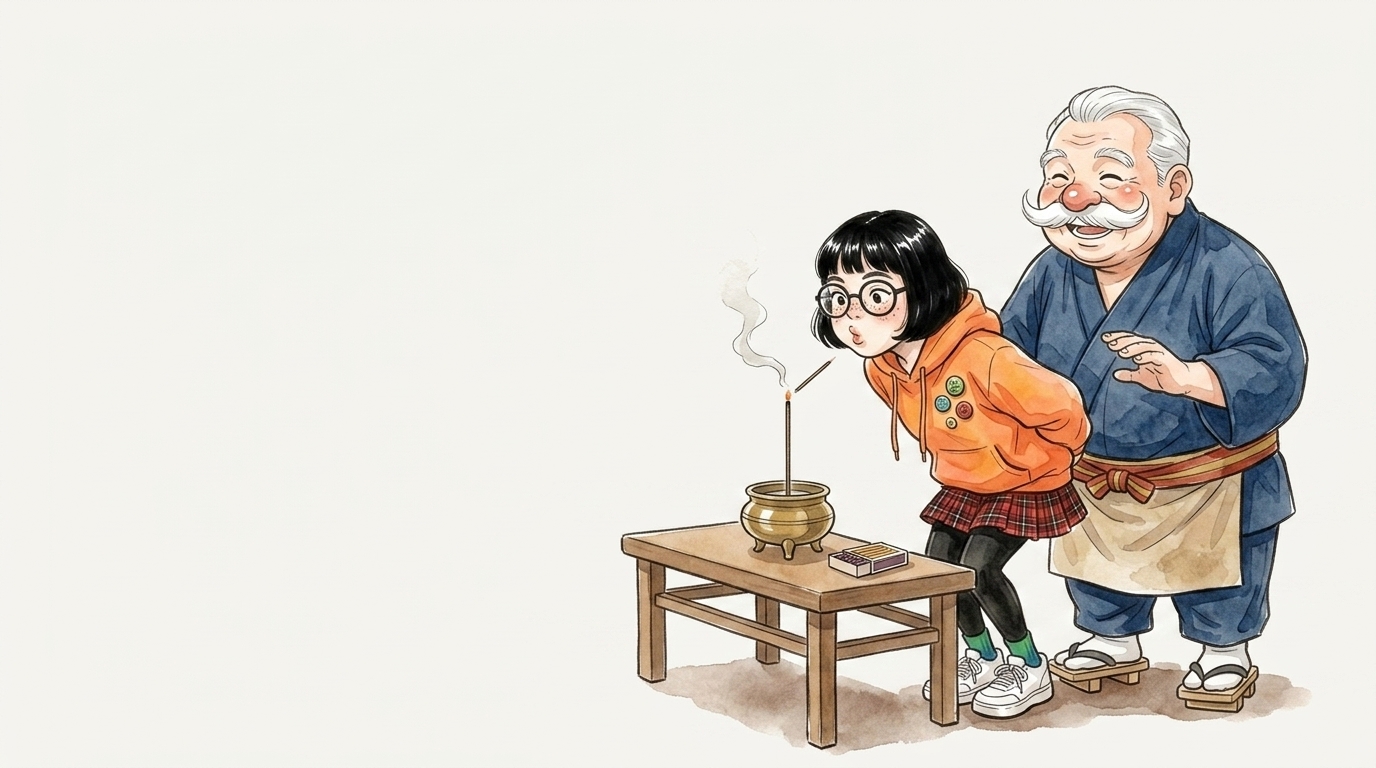 お香の焚き方を教わる大学生と教える香司のイラスト