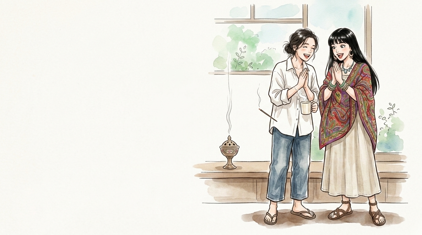 運気を上げるお香の使い方を教わる2人のイラスト