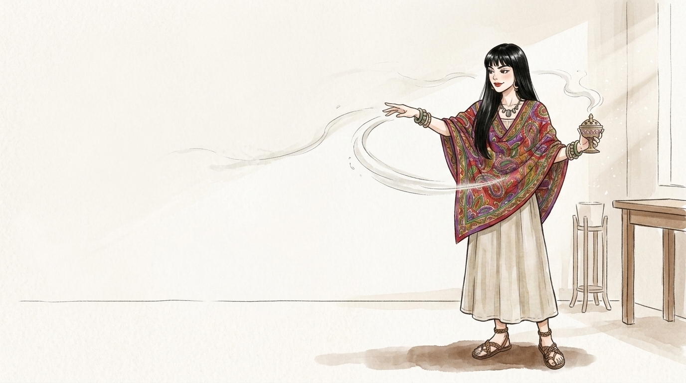 部屋の隅まで煙を行き渡らせて邪気を払う女性のイラスト