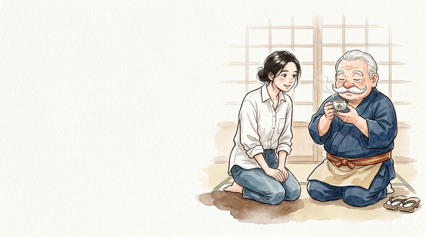 香炉で香を聞く香司と見守る女性のイラスト