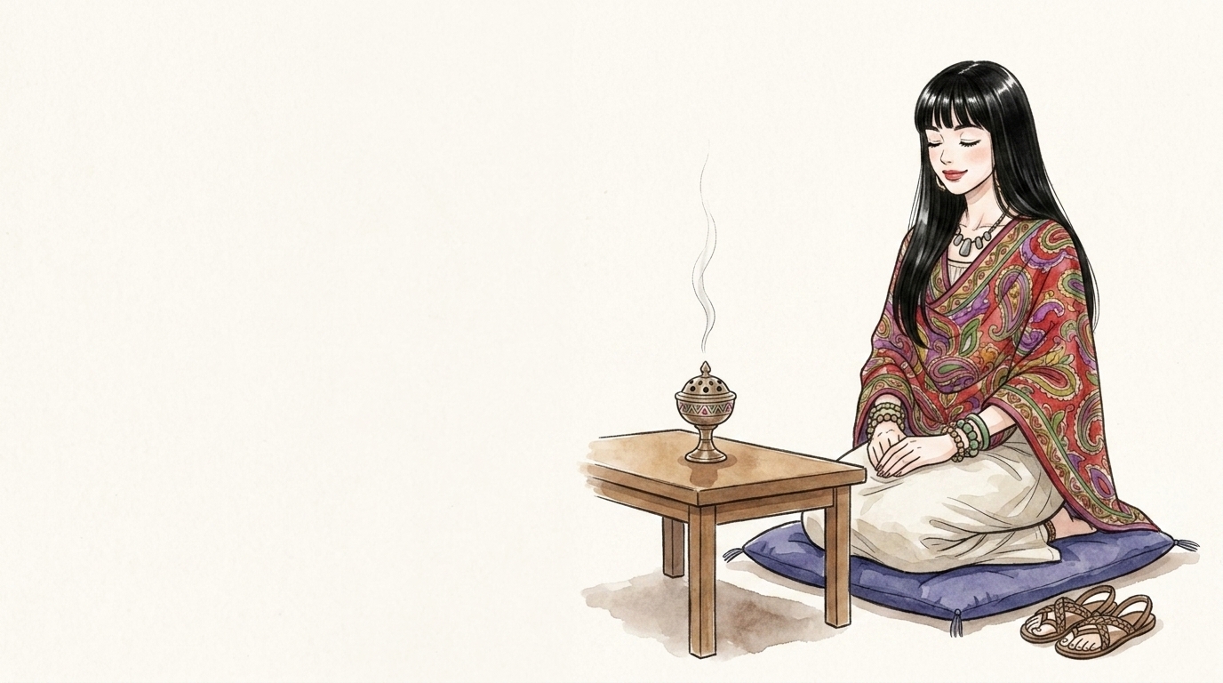 お香を焚いて瞑想する女性のイラスト