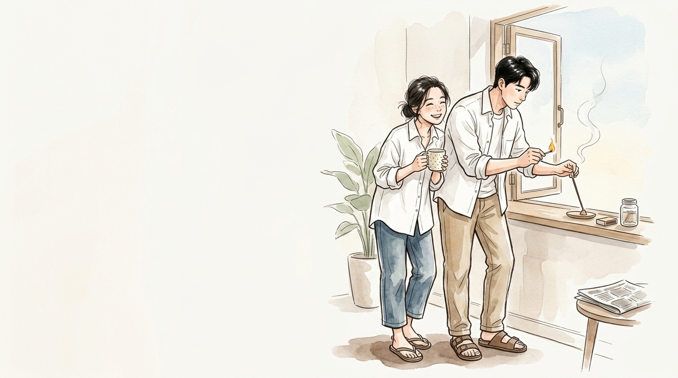朝に窓を開けてお香を焚く2人のイラスト