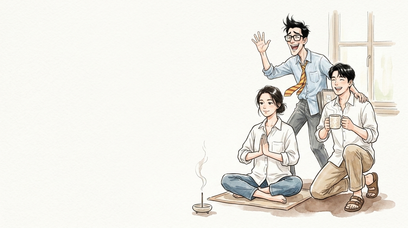 朝の習慣としてお香を焚く3人のイラスト