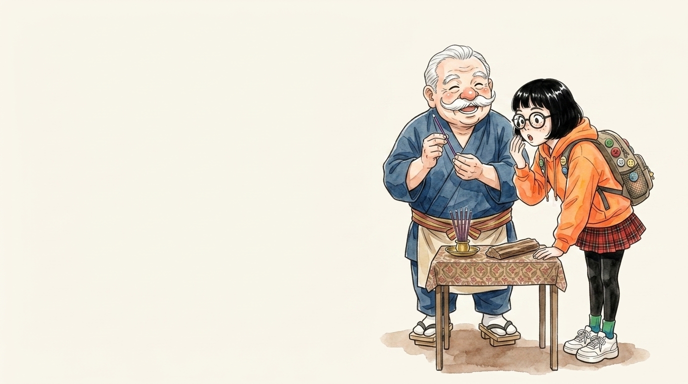 ナグチャンパの香りを確かめる香司と大学生のイラスト