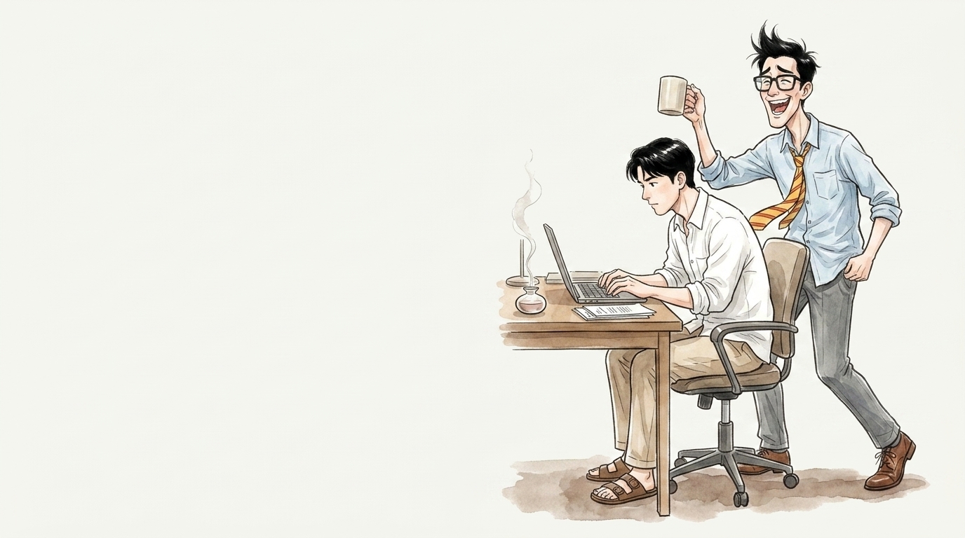 デスクでお香を焚いて仕事に集中する2人のイラスト