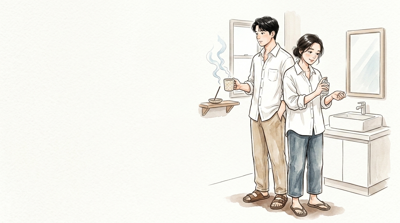 洗面台で香水を手に取る女性と、窓辺でお香の煙を見つめる男性のイラスト