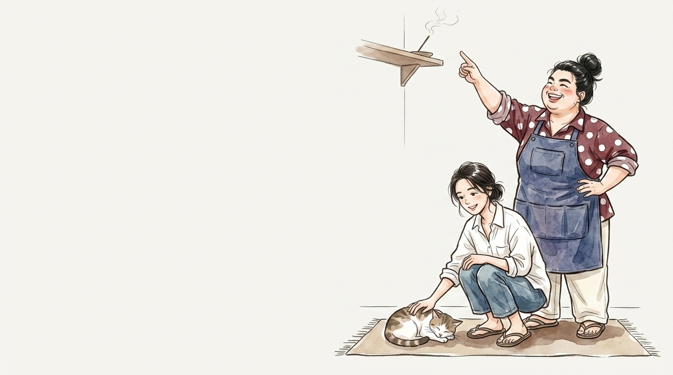 床の猫と高い棚のお香を見比べる2人のイラスト