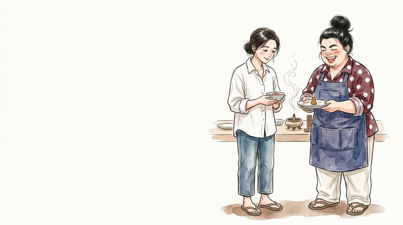 お気に入りの陶器の皿を大切そうに持つ女性と、普段使いの皿を差し出す母親のイラスト