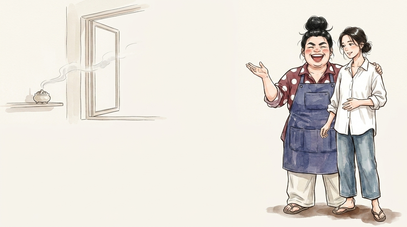 窓を開けて離れた場所のお香を見守る2人のイラスト