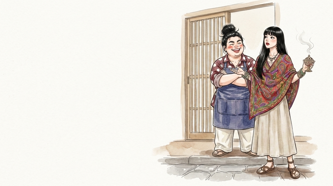 玄関でお香を焚いて空間を清める2人のイラスト