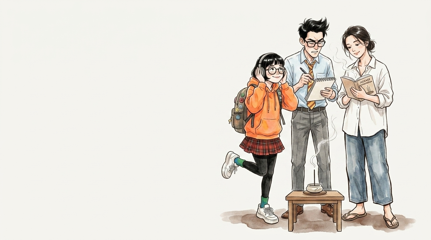 それぞれの場面でお香を楽しむ3人のイラスト