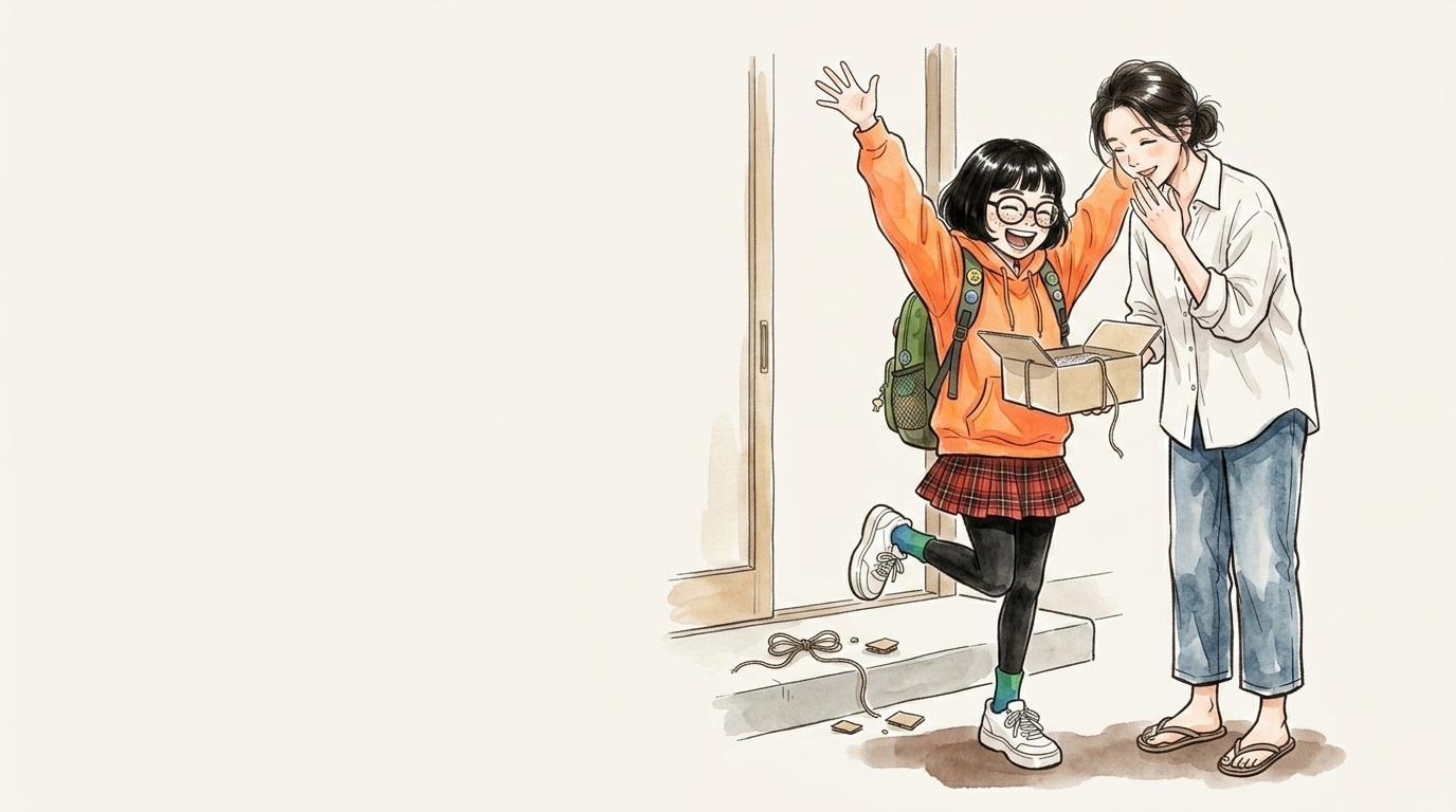 届いたお香の定期便を開ける2人のイラスト