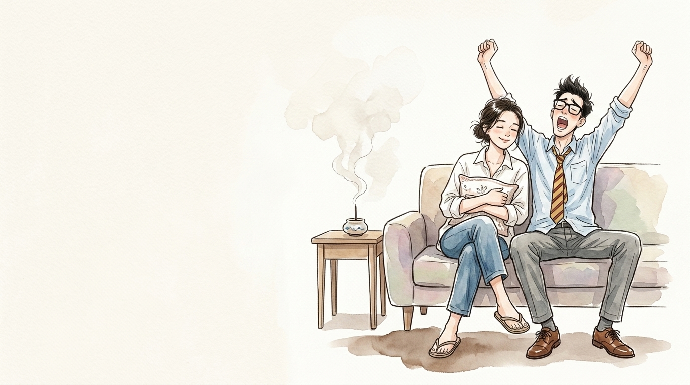 お香でくつろぐ女性と力の抜けた会社員のイラスト