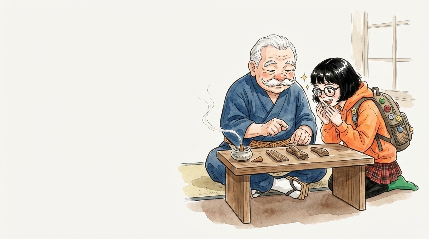 香司の爺さんが大学生に香木を見せて説明するイラスト
