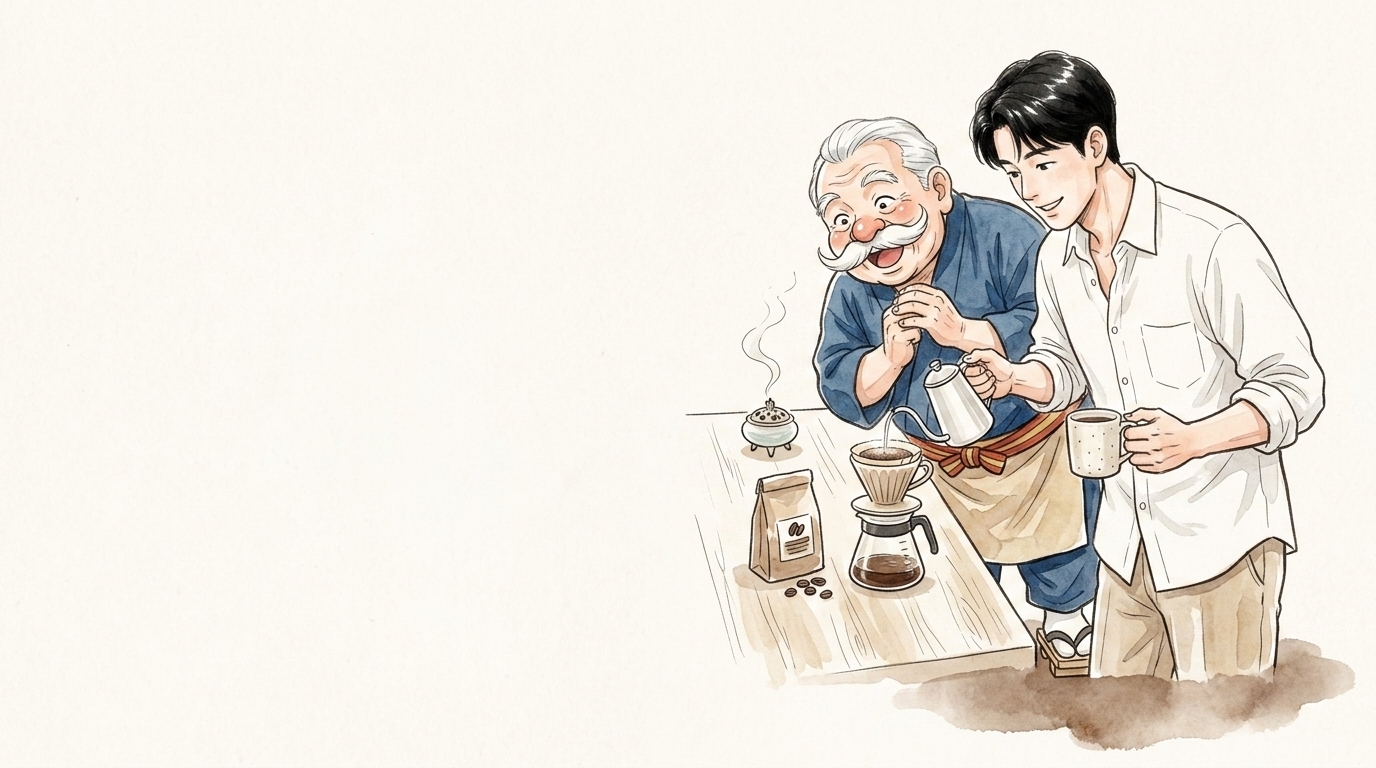 朝の珈琲に白檀を合わせる香司と男性のイラスト