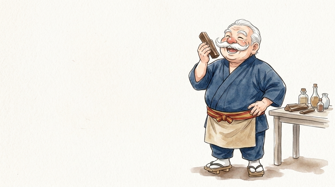 白檀の木片と香水瓶を眺める香司のイラスト