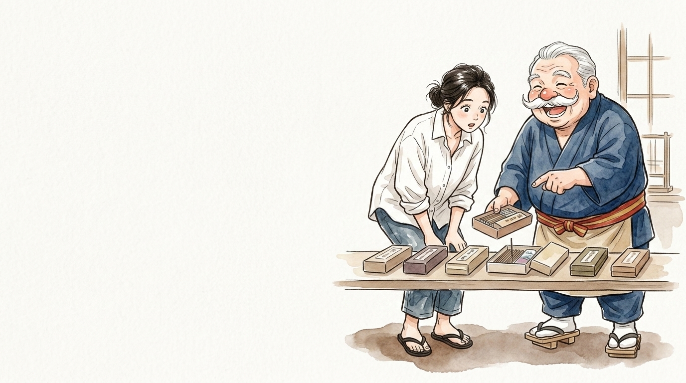 6種類のお香を並べて違いを教わる女性と香司のイラスト