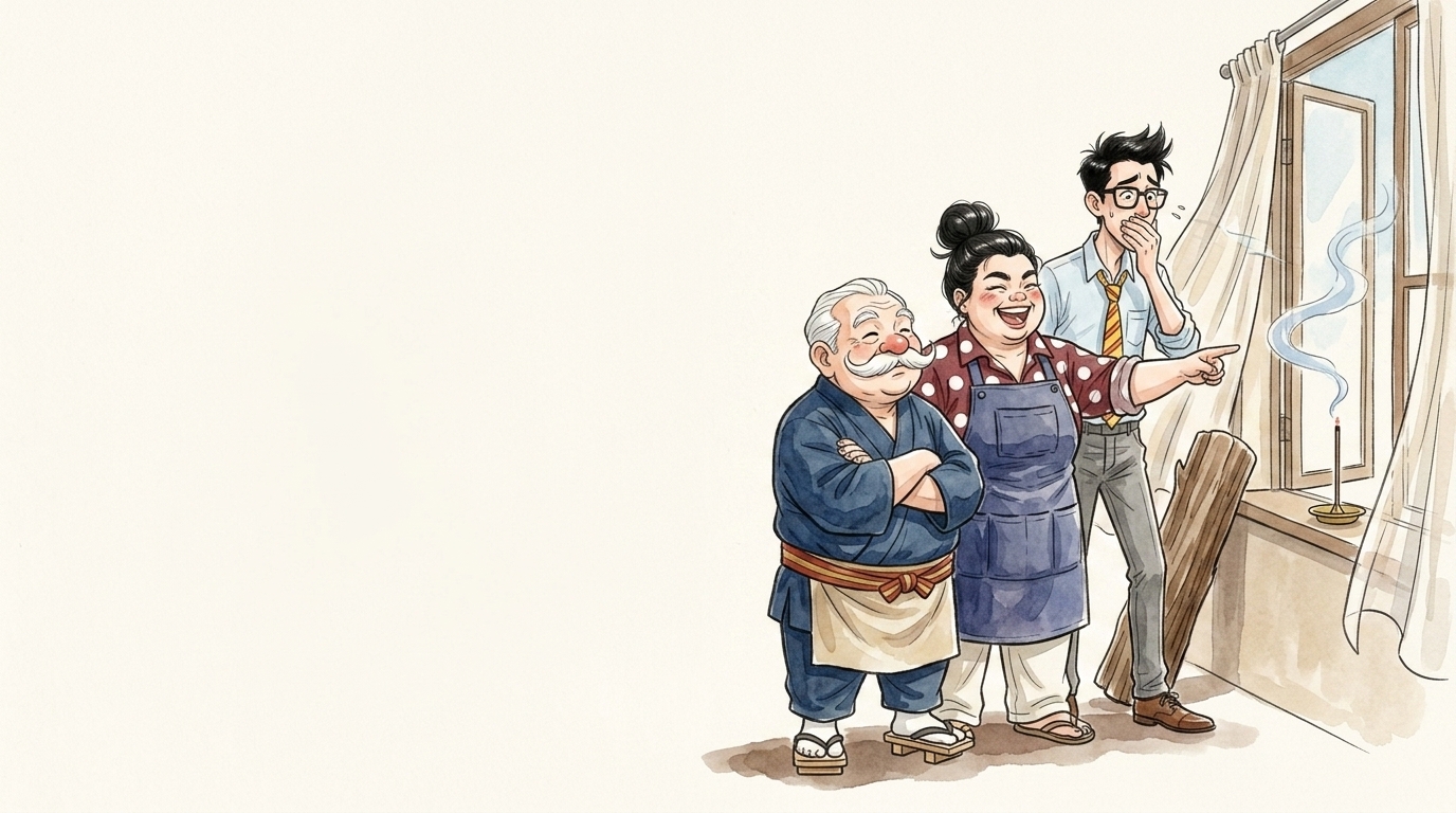 換気しながらお香の煙について話す3人のイラスト