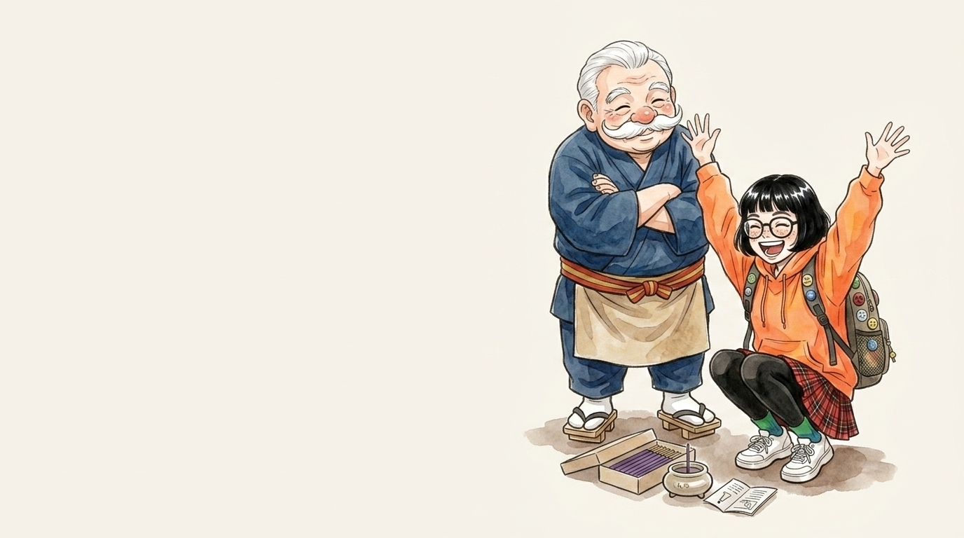 スターターセットを開ける大学生と見守る香司のイラスト
