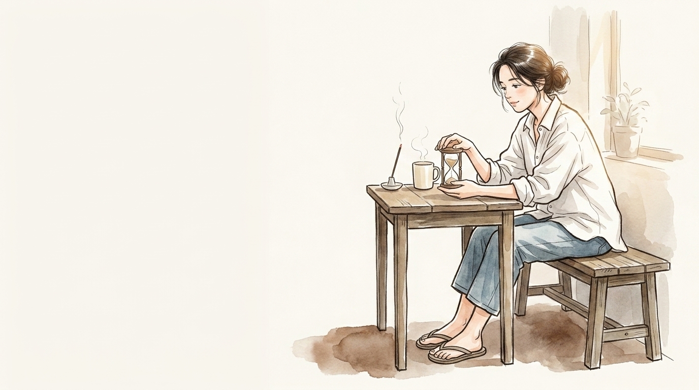 朝の窓辺で1本のお香が焚かれる様子をタイマーとともに見守る女性のイラスト