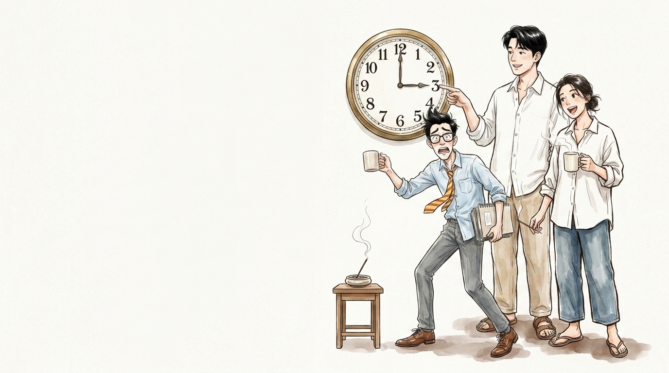 朝昼晩それぞれの時間にお香を焚く3人のイラスト