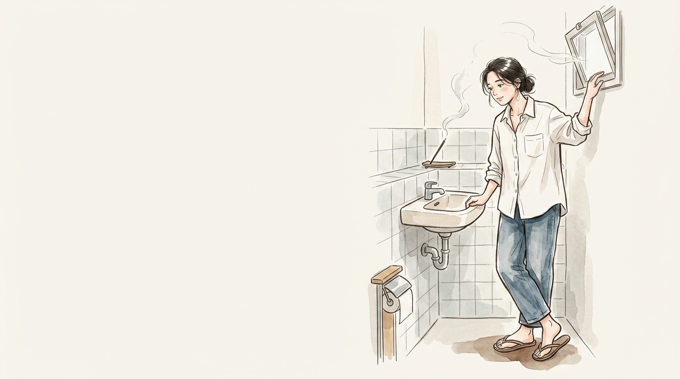 トイレの小窓を開けながらお香の煙を見つめる女性のイラスト