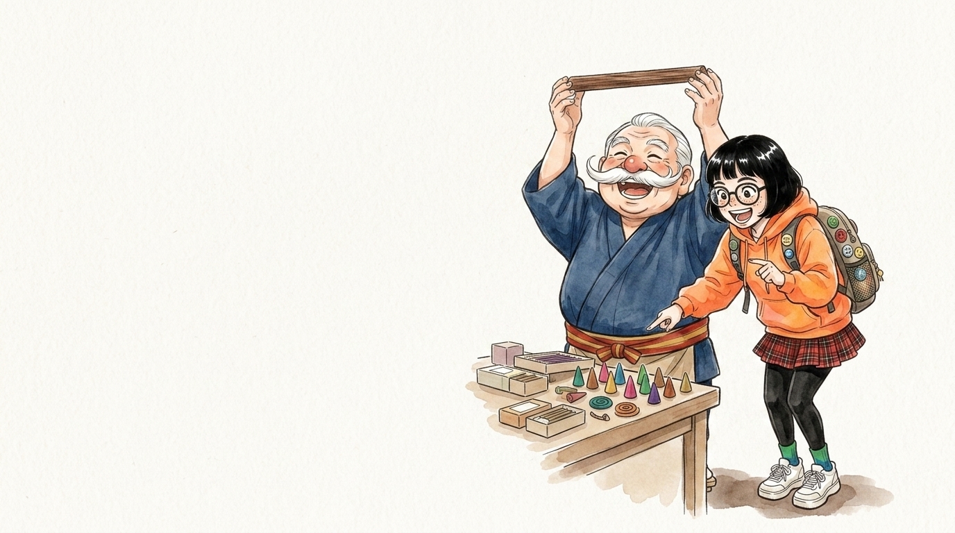伝統的なお香と現代風のお香を見比べる2人のイラスト