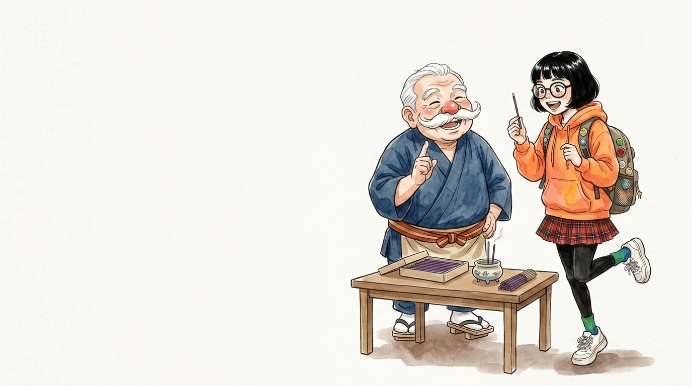 お香の意味を教わる大学生と教える香司のイラスト