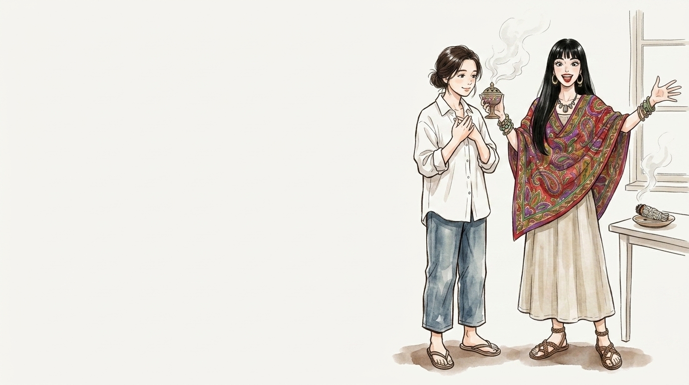 朝の窓辺でホワイトセージの煙を見つめる2人のイラスト