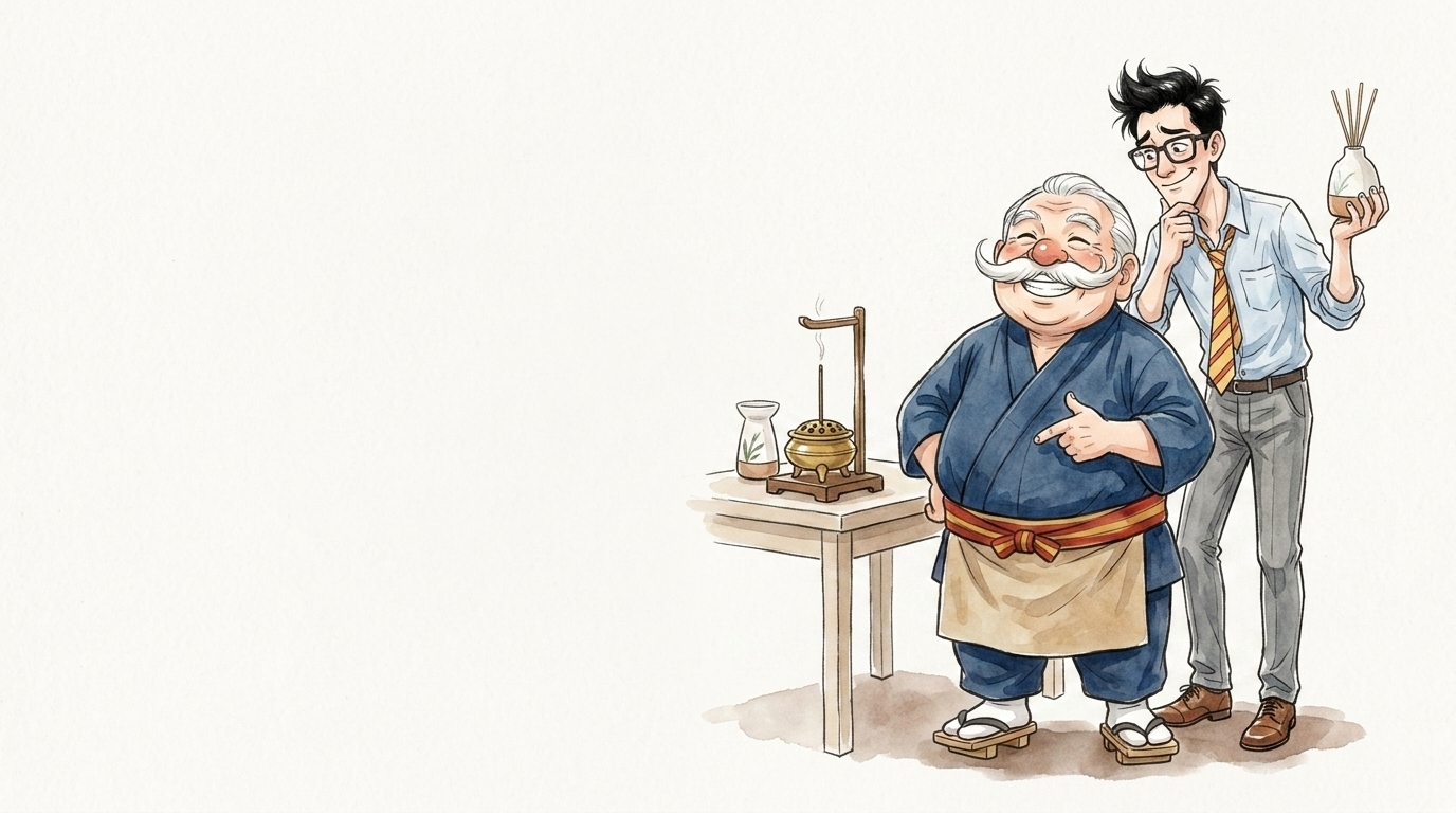 お香とディフューザーを見比べる香司と会社員のイラスト